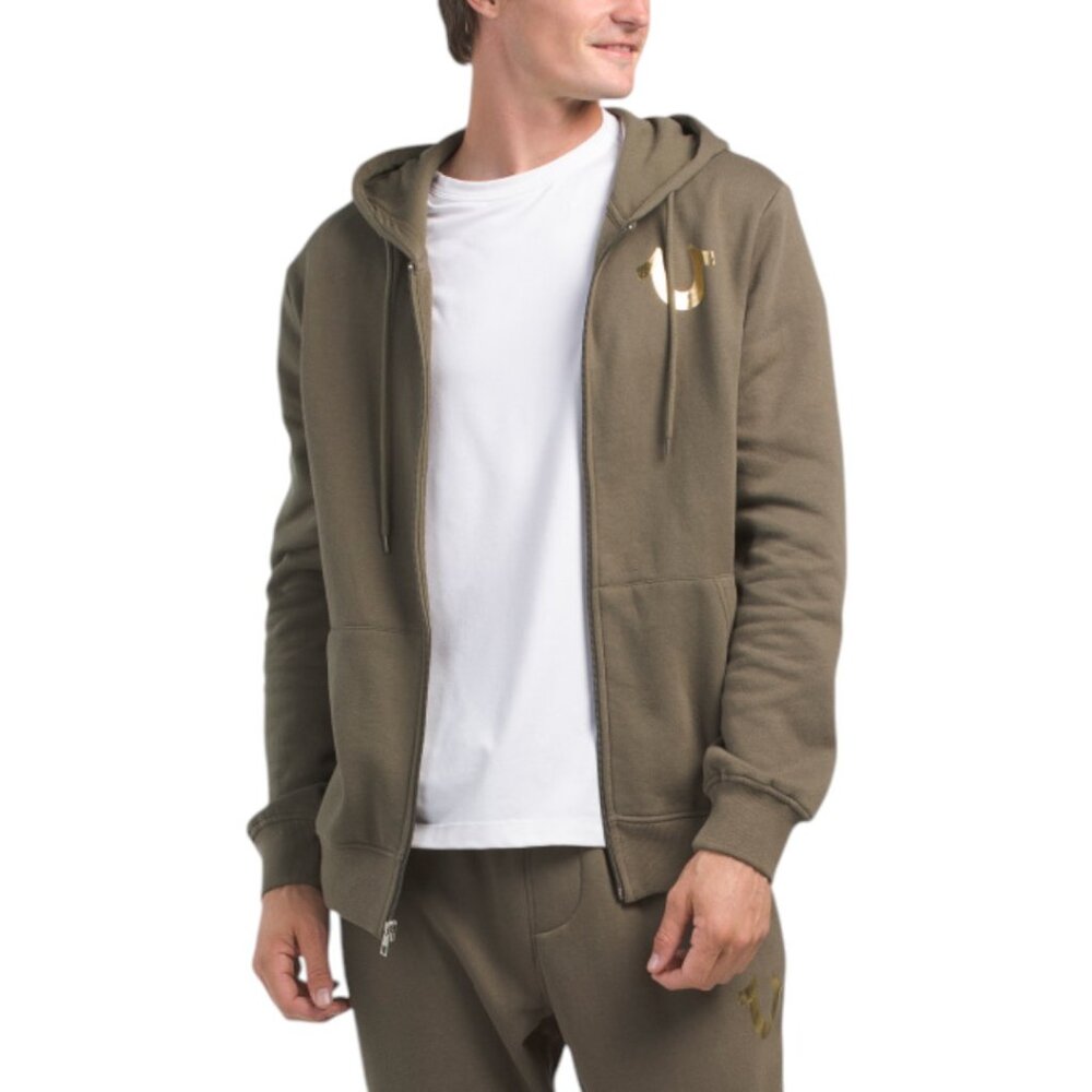 True Religion Men's 2 PC Sweatsuit Fleece Tracksuit Matching Outfit Olive Green - Picture 6 of 10